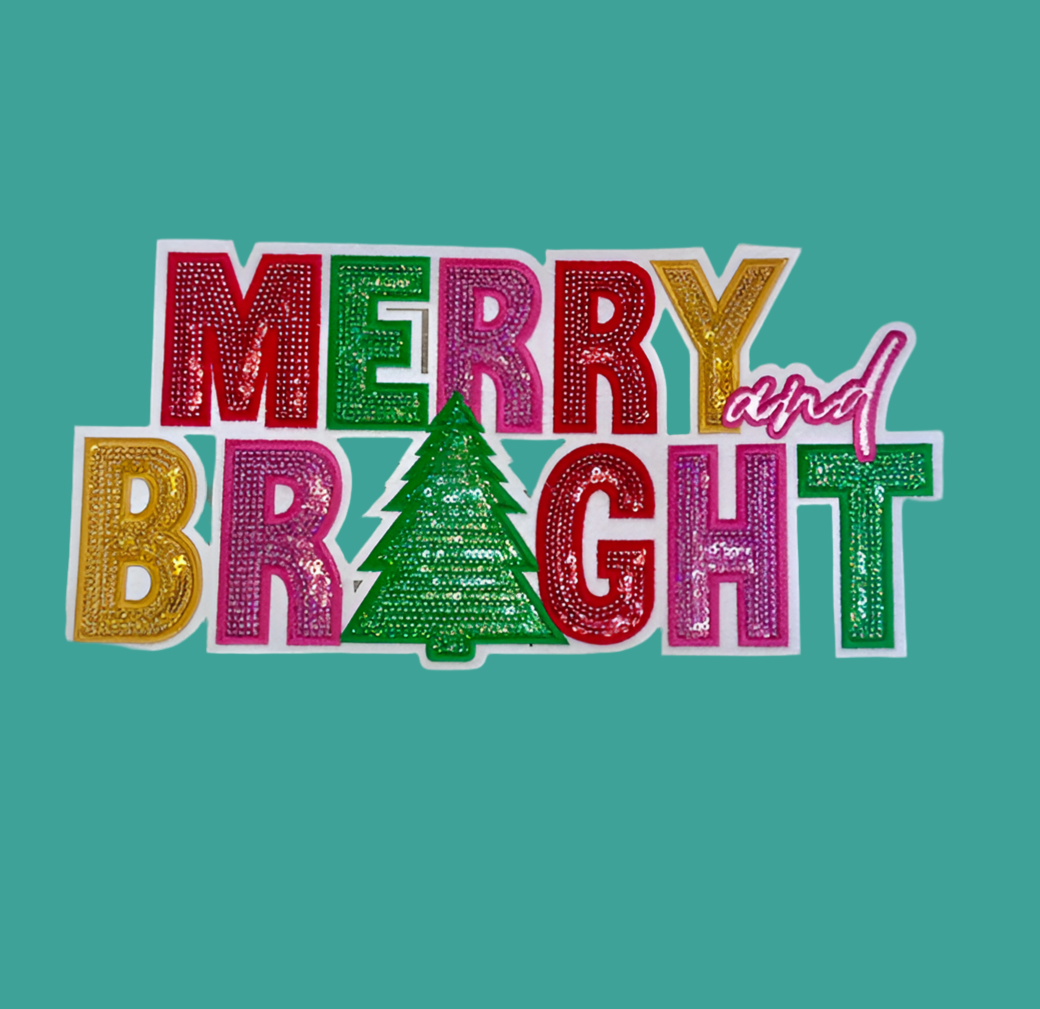 Sequin Merry and Bright Patch, 11 inch patch, Christmas Patch, Iron On Patch, Holiday Patch, DIY Patch, Sweatshirt Patch