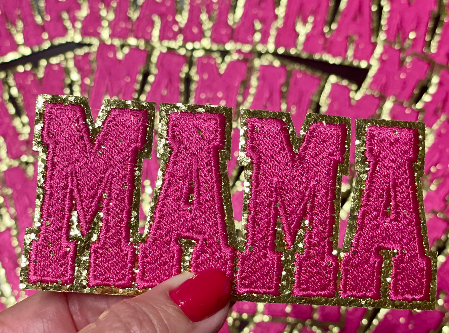Mama Patch, Trucker Hat Patch, Hot Pink colored Mama Patch, Embroidered Patch, Mom Patch, Glitter Patch, Patch for Hats, DIY, Iron on Patch