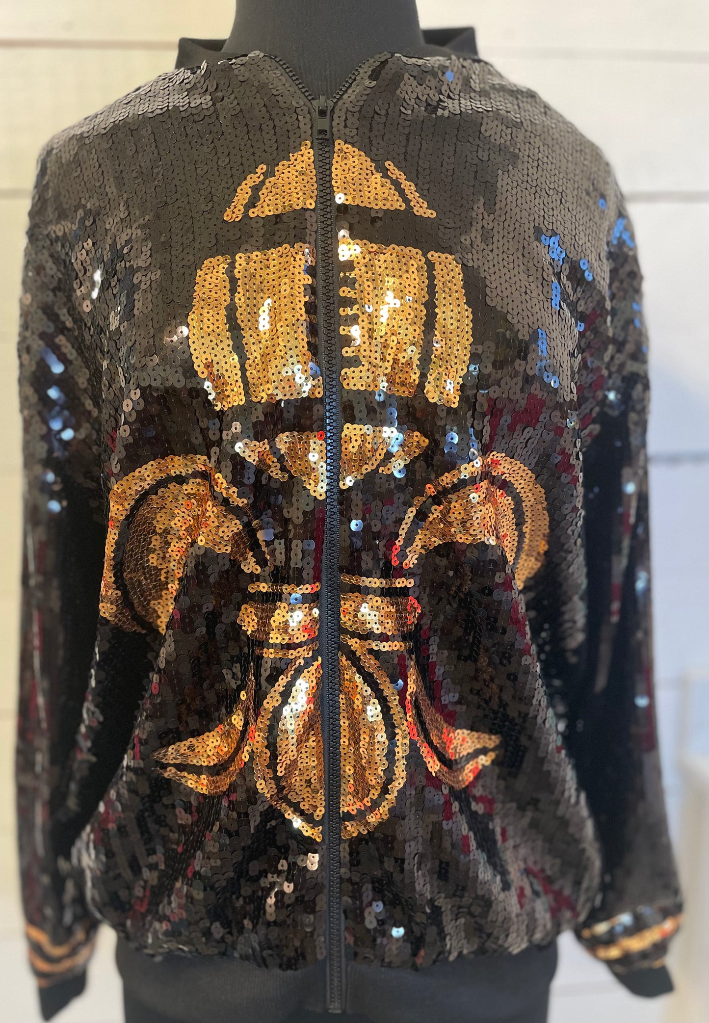 New Orleans Saints Jacket, Black and Gold Sequin Bomber Jacket, Game Day