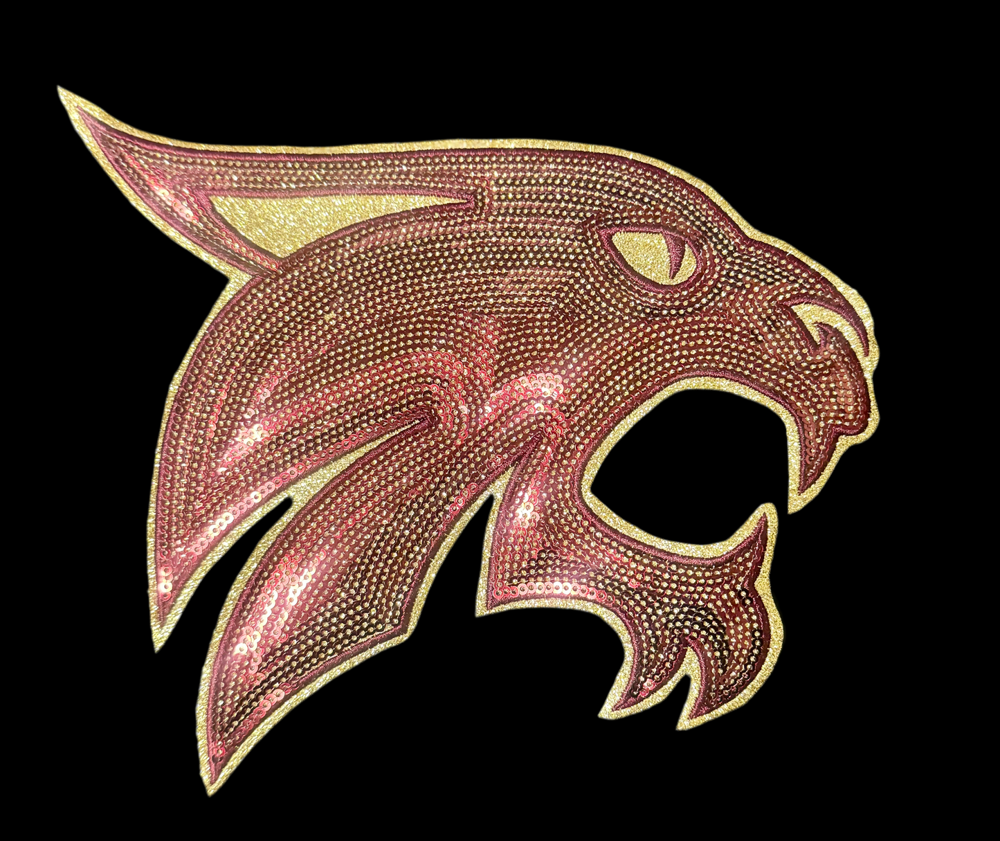 Sequin Bobcats Patch, Maroon sequins with gold glitter backing mascot patch, Iron on Patch, Game Day Patch, DIY Patch
