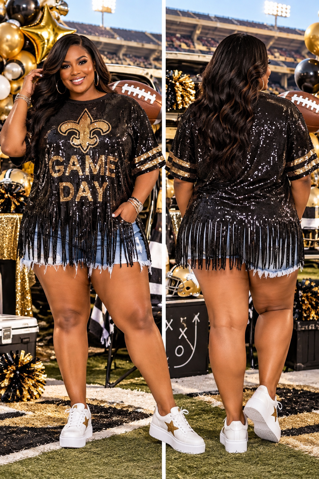 Saints Sequin Top, Plus Size Fleur De Lis Sequin Fringe Jersey Top