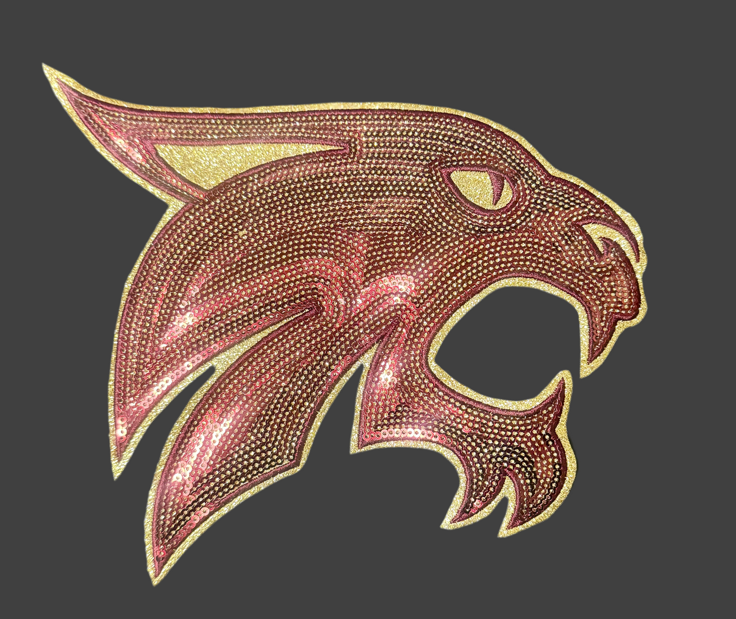 Sequin Bobcats Patch, Maroon sequins with gold glitter backing mascot patch, Iron on Patch, Game Day Patch, DIY Patch