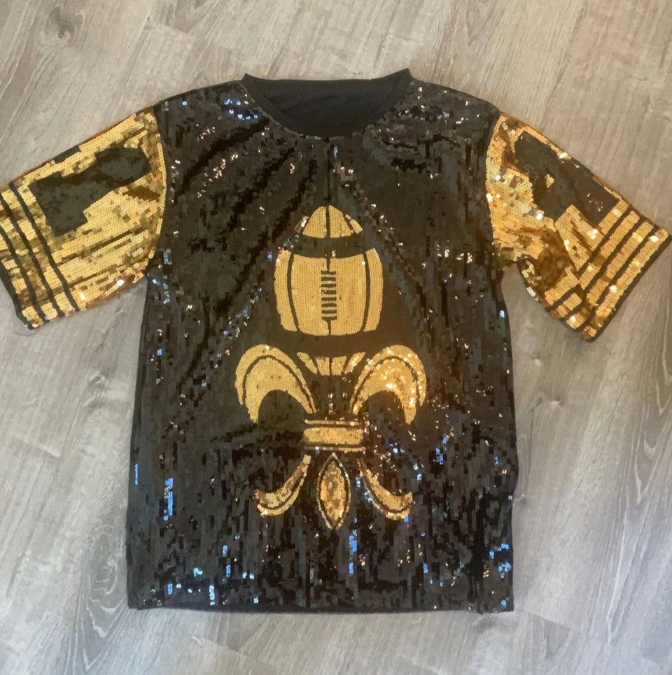 New Orleans Saints Ladies Black and Gold Sequin Jersey Dress| Black an Gi Gi's Boutique New Orleans Saints Ladies Black and Gold Sequin Jersey Dress| Black an Gi Gi's Boutique