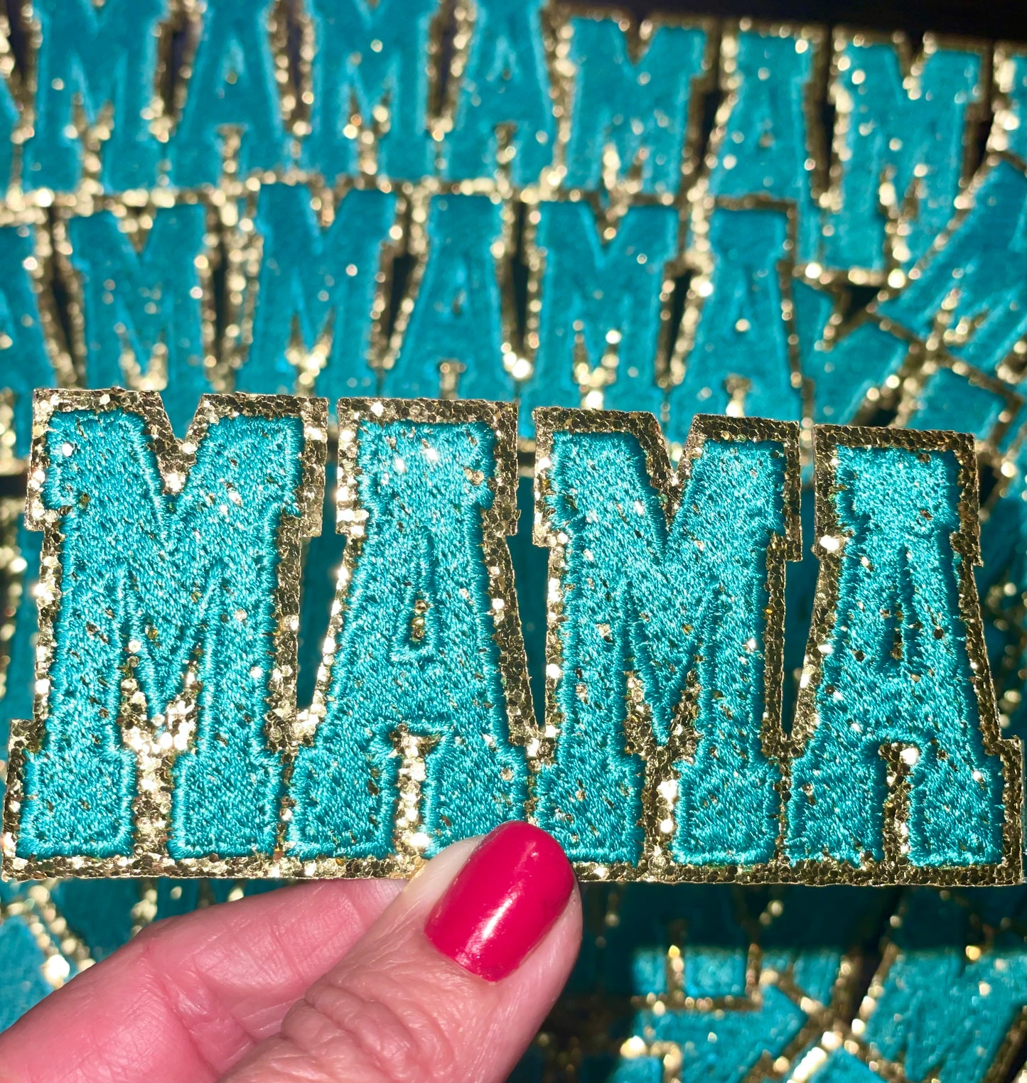 Mama Patch, Trucker Hat Patch, Turquoise colored Mama Patch, Embroidered Patch, Mom Patch, Glitter Patch, Patch for Hats, DIY, Iron on Patch