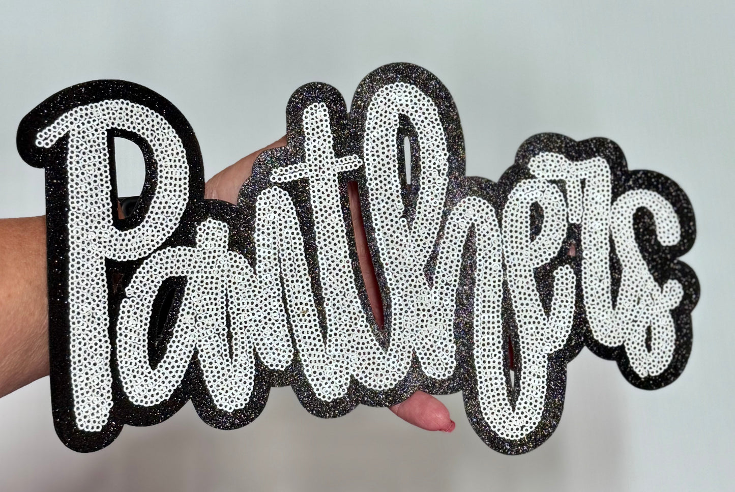 Panthers Patch, Sequin Patch, Football Patch, Panthers Game Day Sequin Patch, DIY, Iron on Patch, Black glitter backing