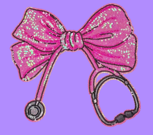 Stethoscope Bow Patch, 11 in Sequin Patch, Nurse Patch, Medical Patch, Pink Patch, Iron on Patch, DIY