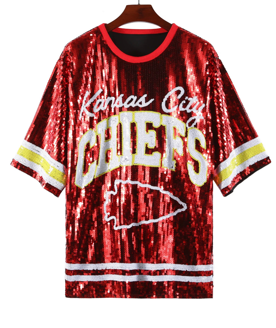 Kansas City Chiefs Sequin NFL Dress, Sequin Football Jersey Dress, NFL Gi Gi's Boutique Kansas City Chiefs Sequin NFL Dress, Sequin Football Jersey Dress, NFL Gi Gi's Boutique