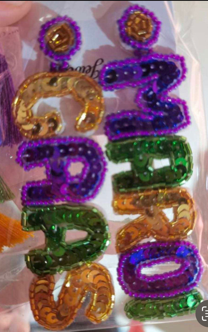 NEW!!! Mardi Gras 2027 Lightweight Sequin Mardi Gras Drop Earrings
