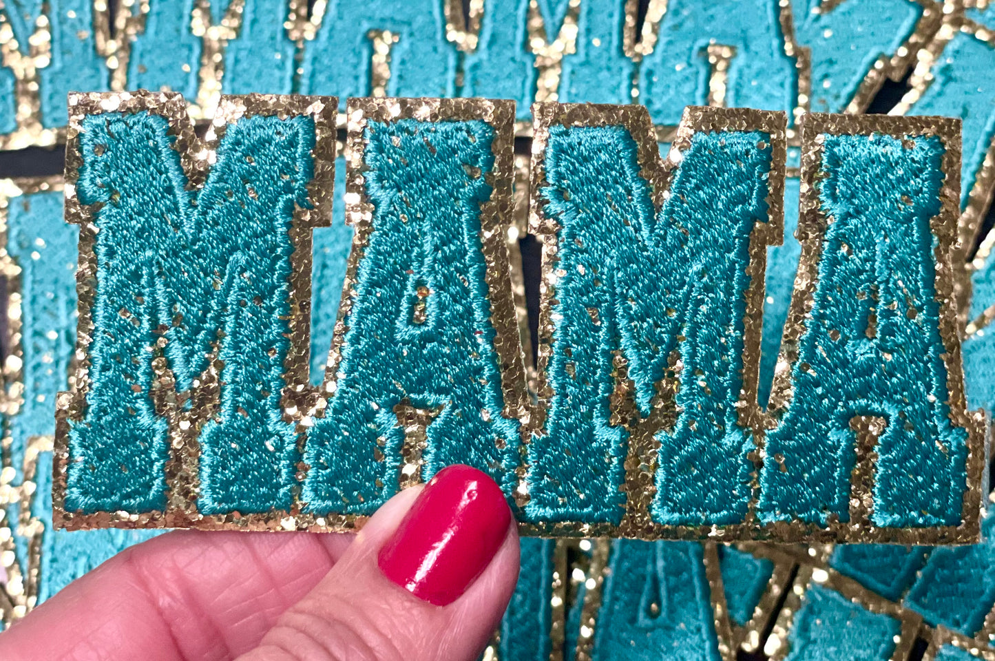 Mama Patch, Trucker Hat Patch, Turquoise colored Mama Patch, Embroidered Patch, Mom Patch, Glitter Patch, Patch for Hats, DIY, Iron on Patch