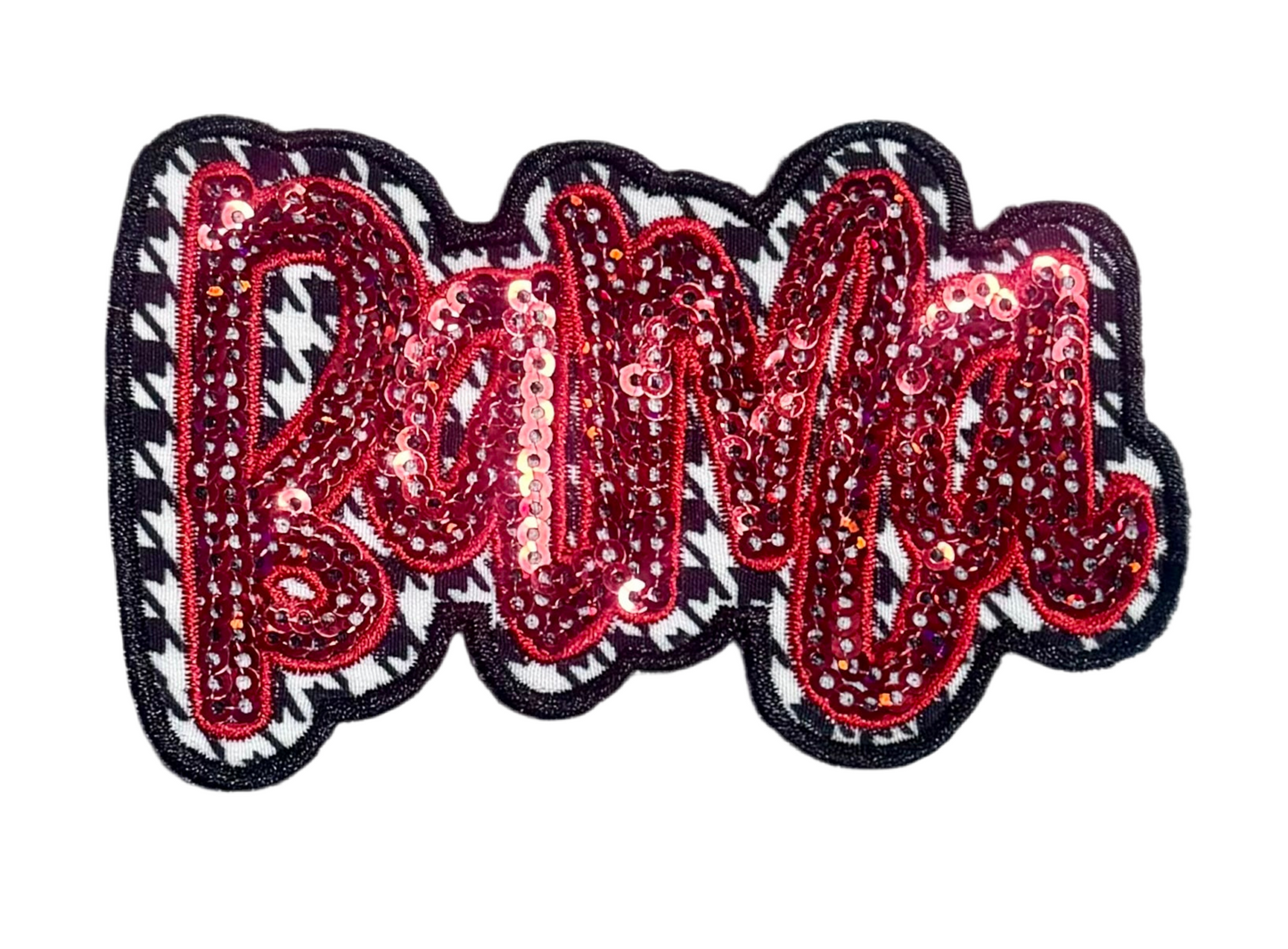 Houndstooth Patch, Cursive Font, Sequin Patch, Game Day Patch, Crimson Sequins, Iron on Patch, DIY Patch, Trucker Hat Patch