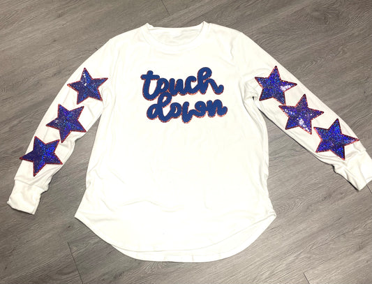 Touch Down Royal Blue Game Day Chenille Patch, Sequin Star Patch, DIY patch, Iron on Patch, Red glitter backing