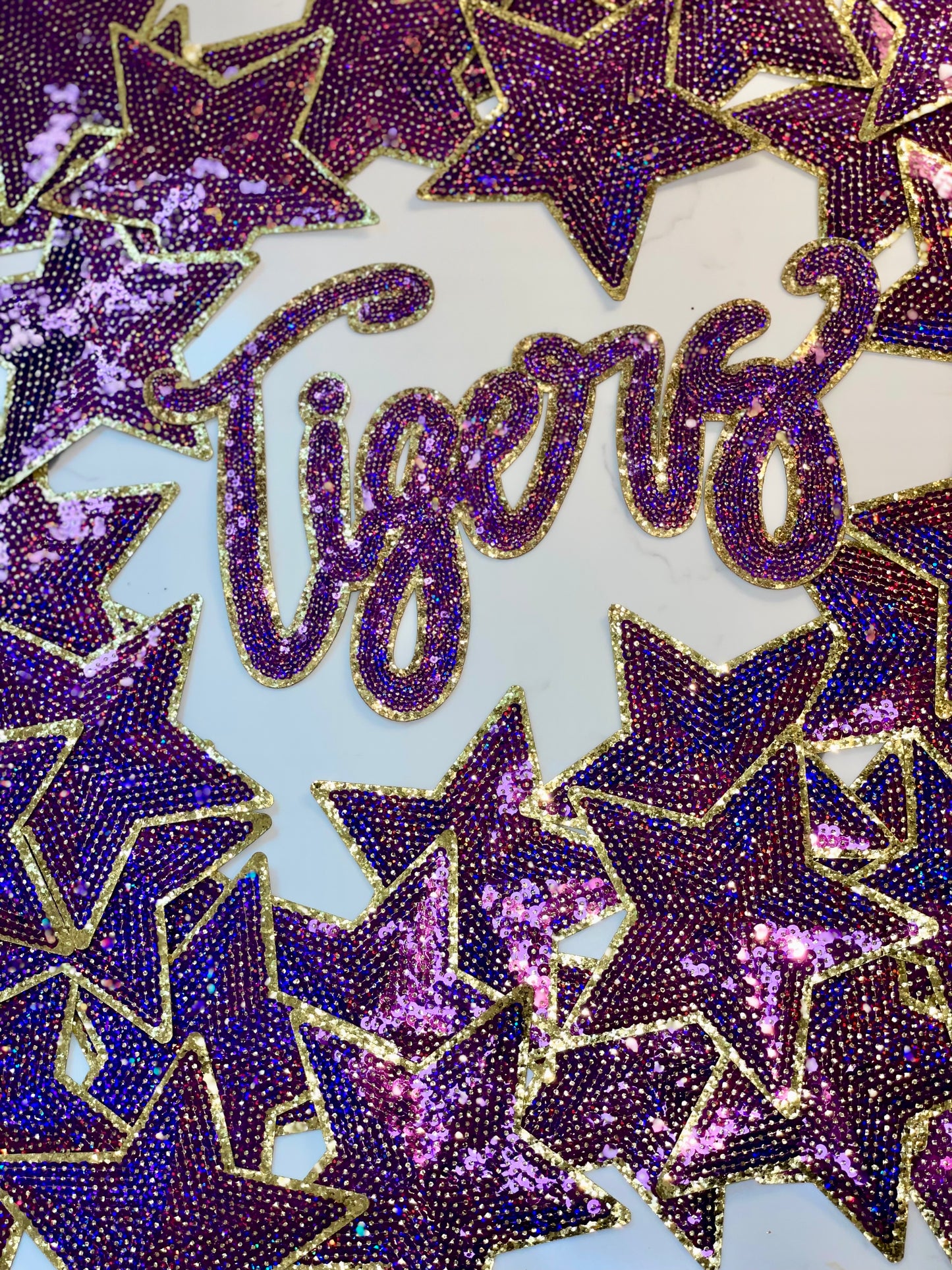 Tigers Purple Game Day Sequin Patch, Sequin Star Patch, DIY patch, Iron on Patch, Gold glitter backing
