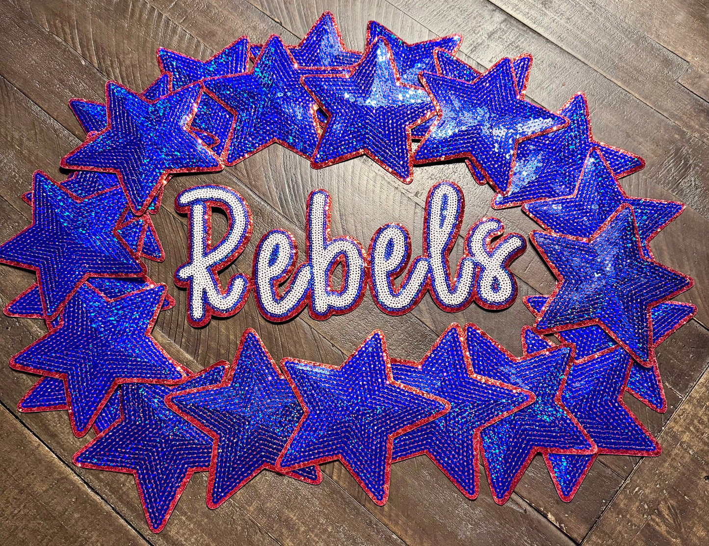Rebels Patch, Sequin Patch, Football Patch, Red, white and blue Rebels Game Day Sequin Patch, Sequin Star Patch, DIY, Iron on Patch, Gold glitter backing