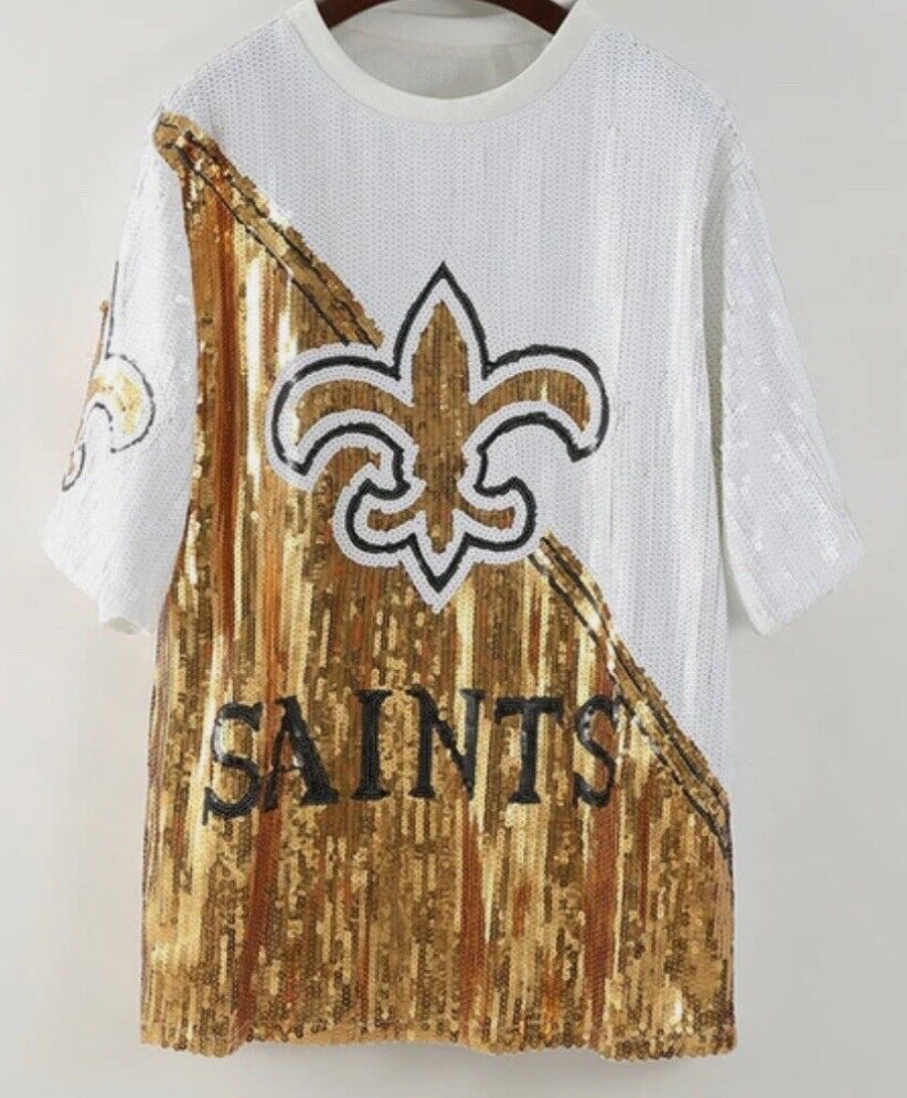 New Orleans Saints, White and Gold Sequin Jersey Dress, NFL Sequin Dre Gi Gi's Boutique New Orleans Saints, White and Gold Sequin Jersey Dress, NFL Sequin Dre Gi Gi's Boutique