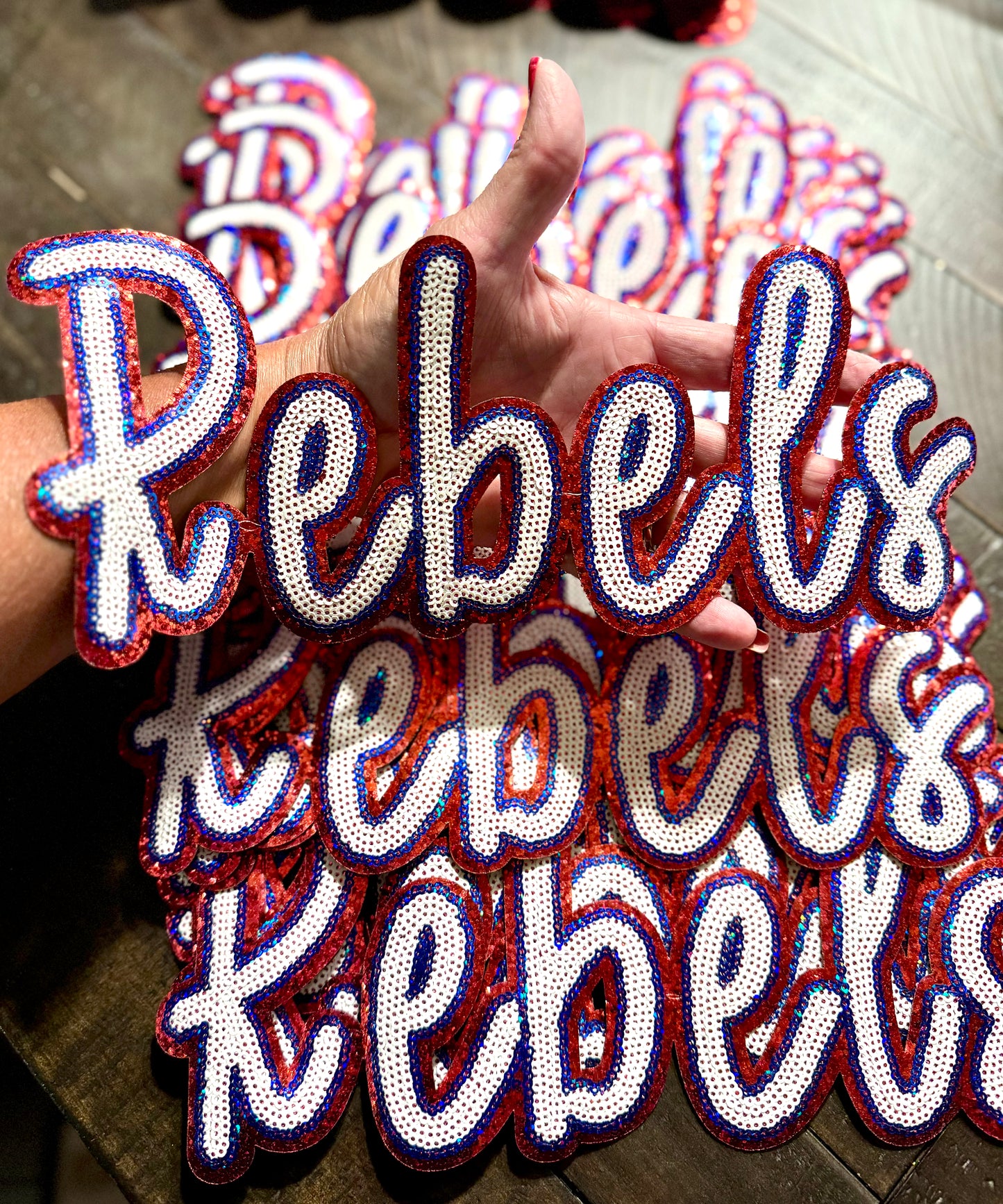 Rebels Patch, Sequin Patch, Football Patch, Red, white and blue Rebels Game Day Sequin Patch, Sequin Star Patch, DIY, Iron on Patch, Gold glitter backing