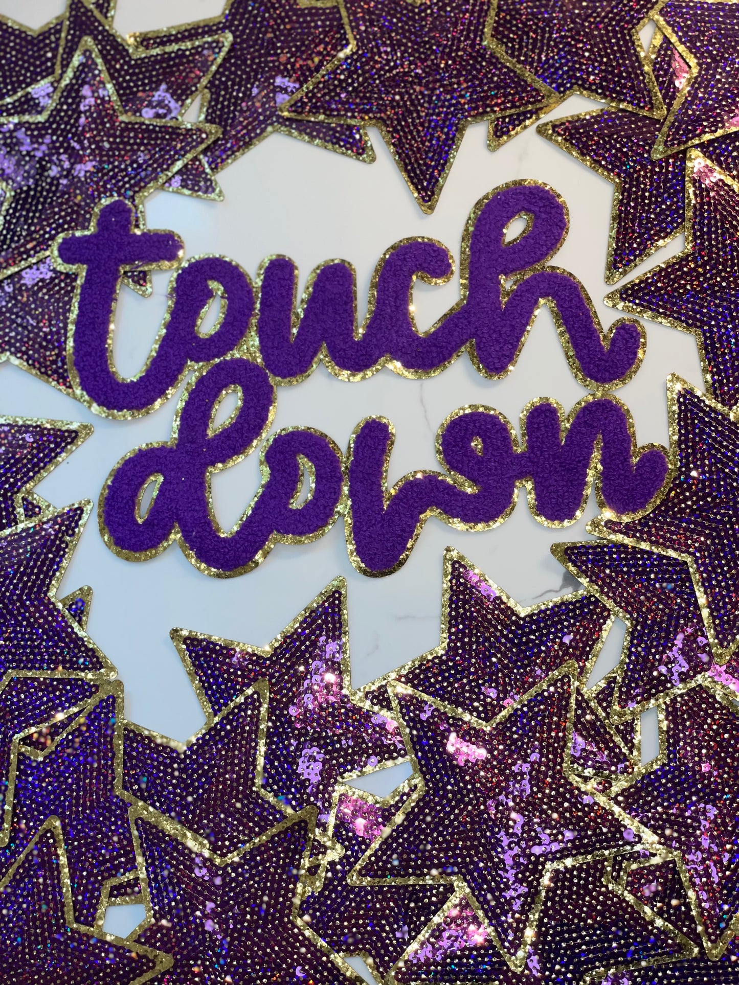 Touch Down Purple Game Day Chenille Patch, Sequin Star Patch, DIY patch, Iron on Patch, Gold glitter backing