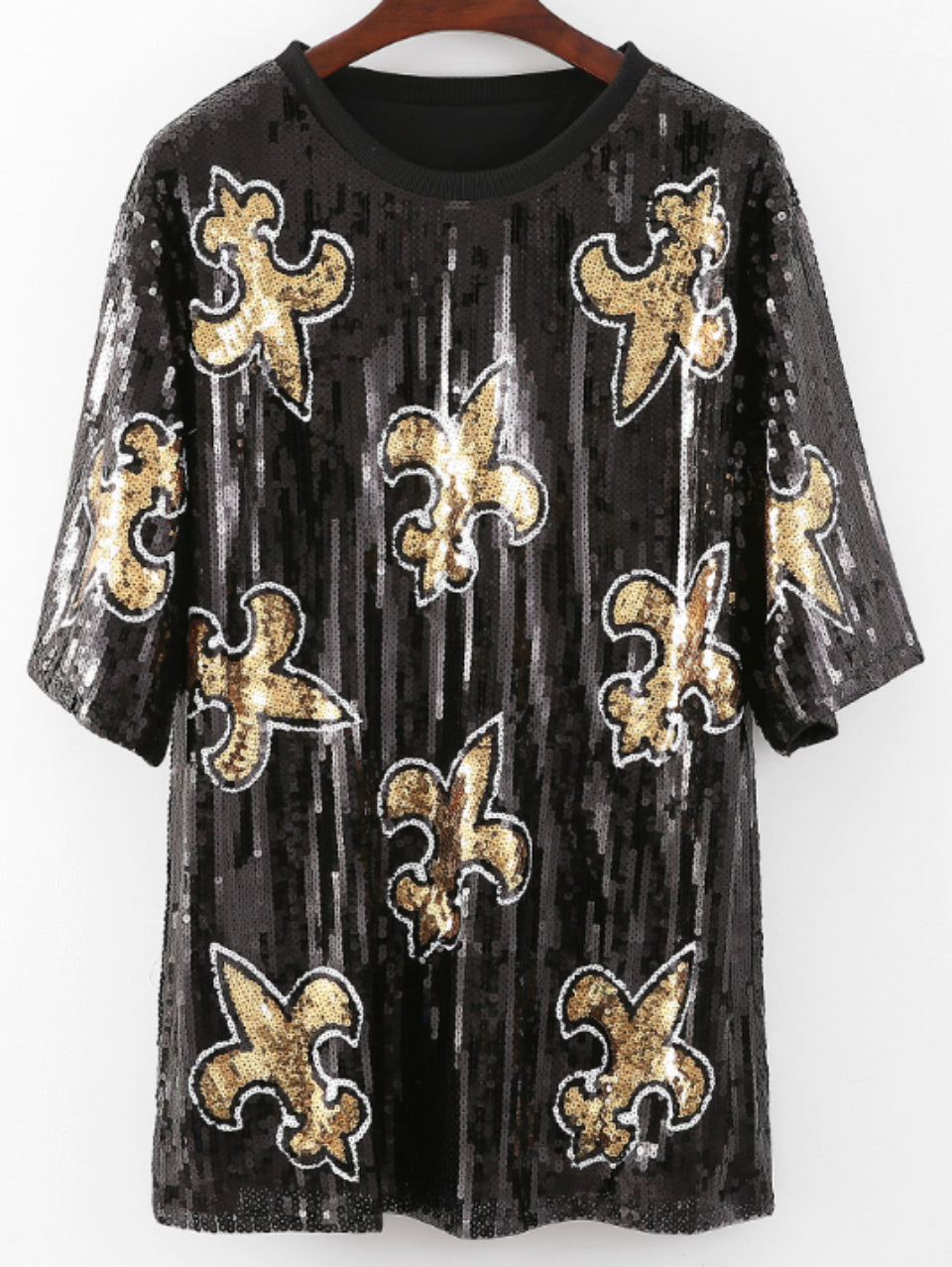 Fleur-De-Lis Sequin Dress, New Orleans Attire, Ladies Black and Gold Sequin Jersey Dress, Women’s Sequin Dress, Bling Dress