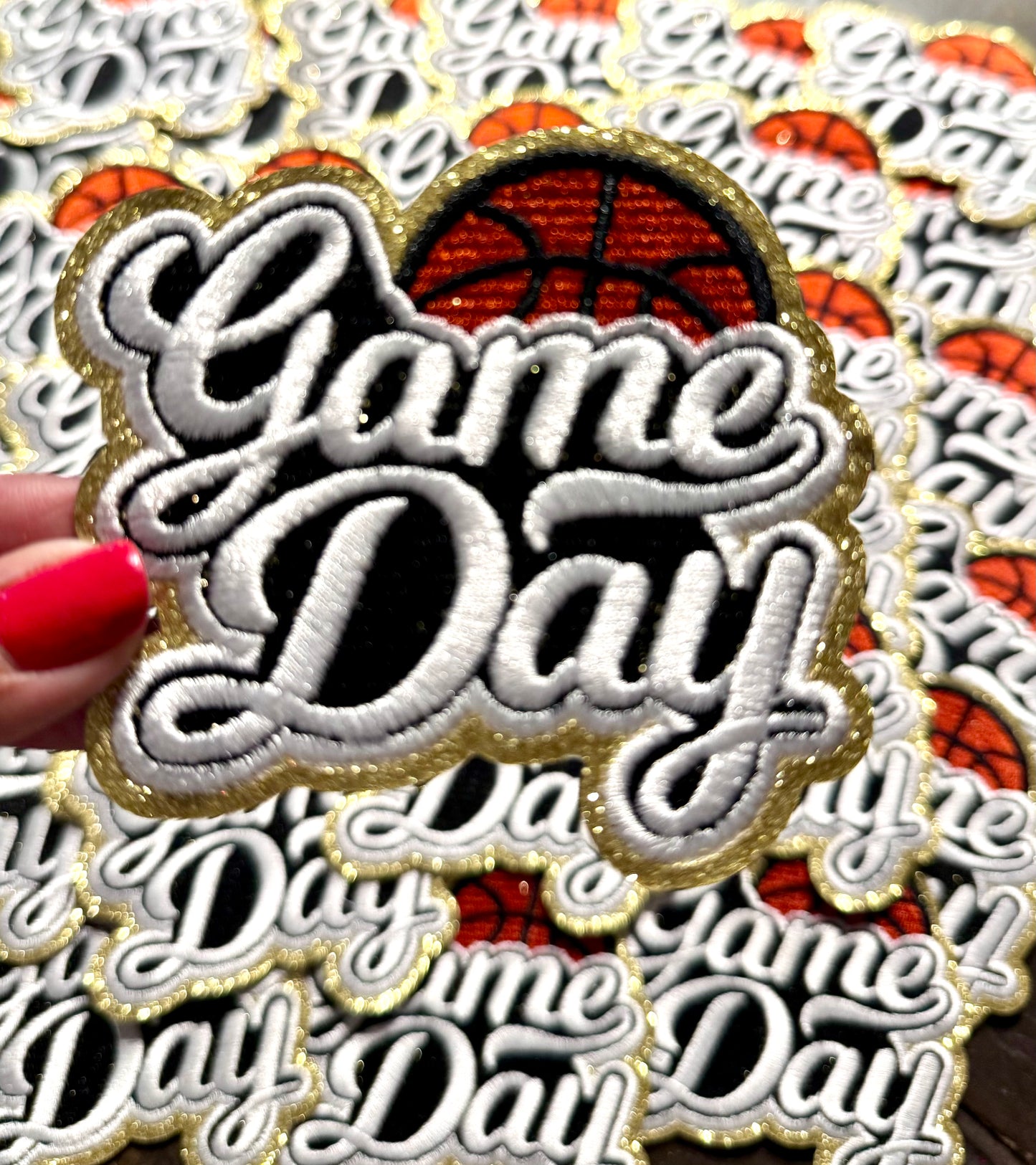 Game Day Patch. Basketball Patch, Trucker Hat Patch, Glitter Patch, Iron On Patch, Sports Patch, Game Day Patch, Patch for Hat, DIY, White embroidered Patch