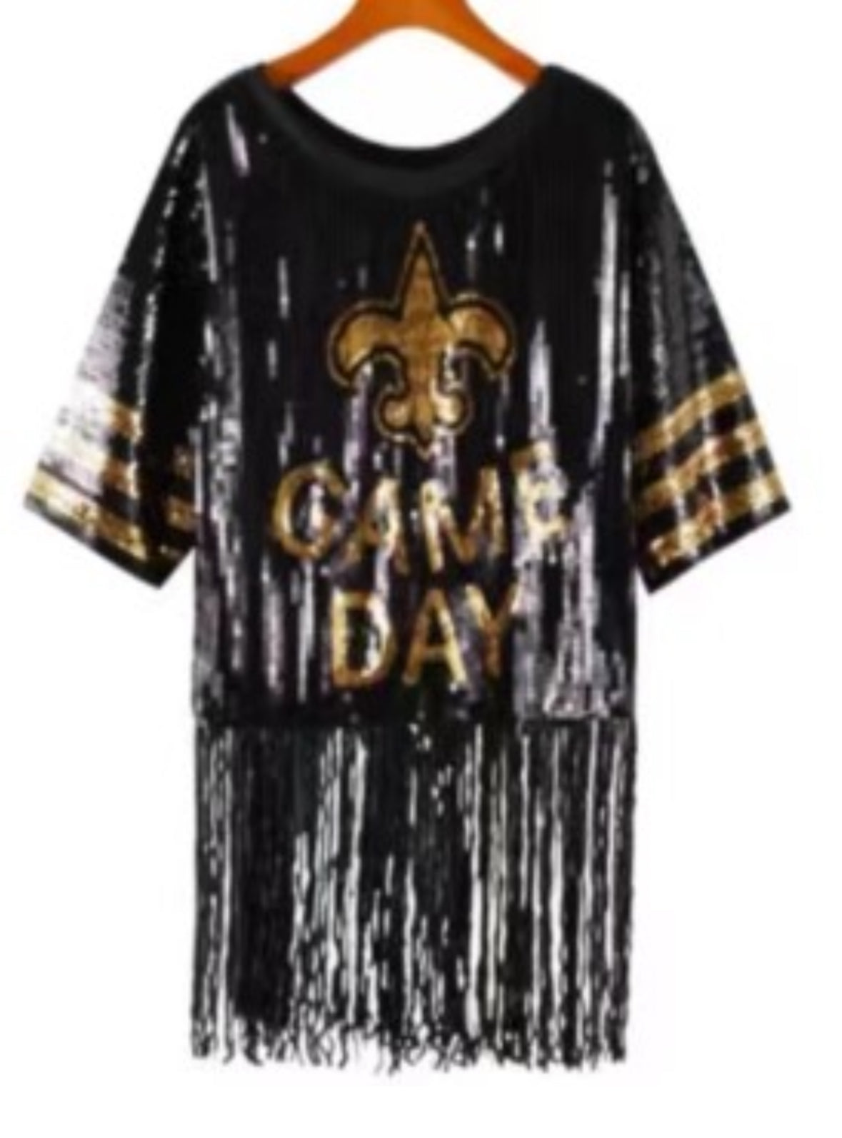 Saints Sequin Top, Fleur De Lis Sequin Fringe Jersey Top, Black and Gold Football Sequin Jersey Top, Game Day, Football Sequin Fringe Top, Game Day Top