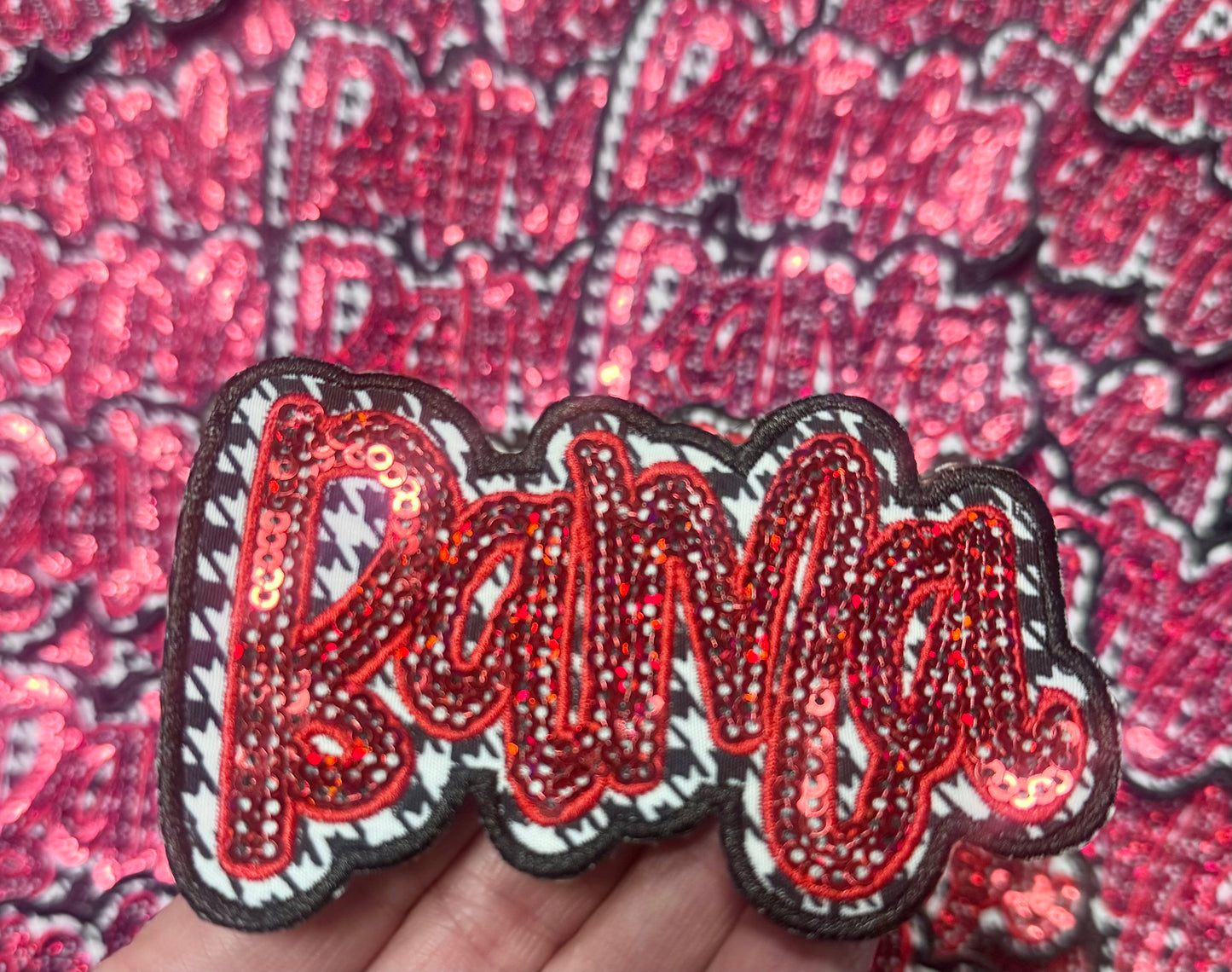 Houndstooth Patch, Cursive Font, Sequin Patch, Game Day Patch, Crimson Sequins, Iron on Patch, DIY Patch, Trucker Hat Patch