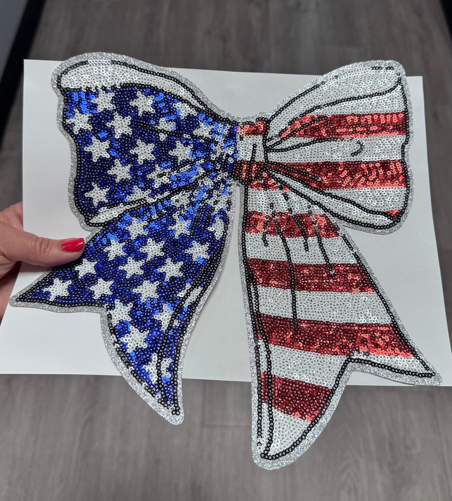 American Flag Bow Patch, Sequin Patch, 11" Iron on Patch, Silver Glitter Backing, DIY, Bow Patch