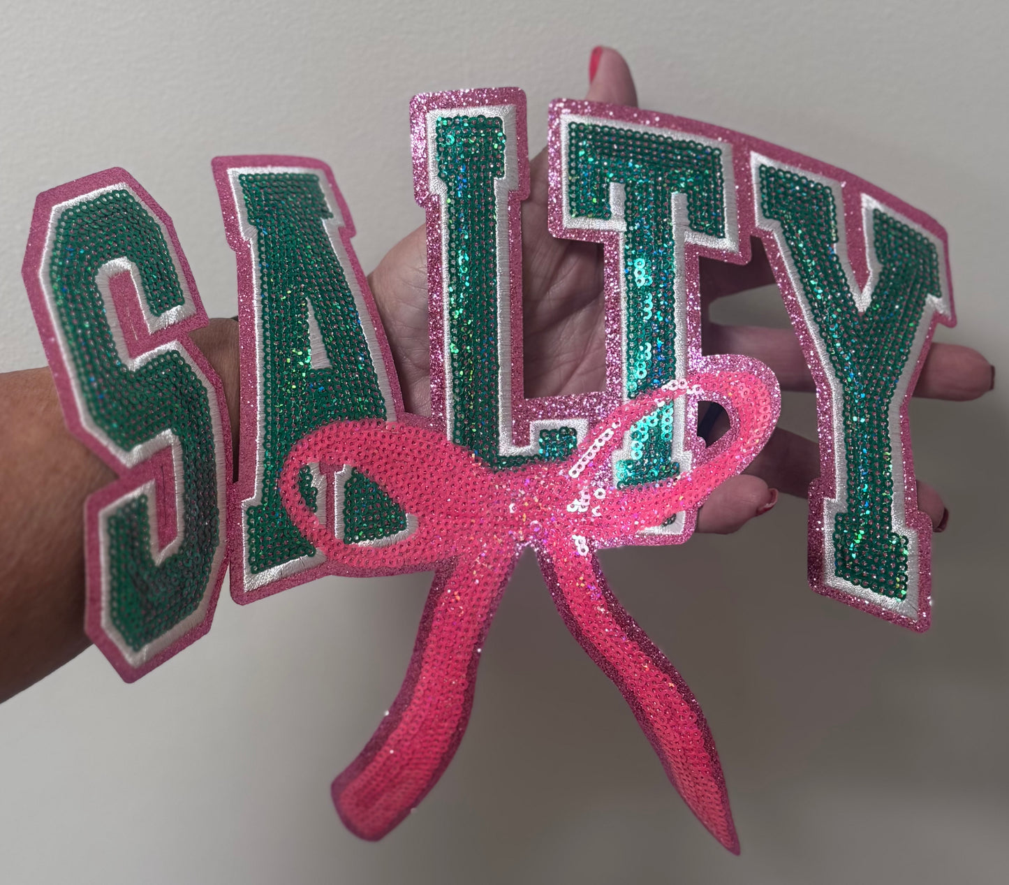 Salty Patch, Salty Sequin Bow Patch, Pink Glitter Backing, Iron on Patch, DIY