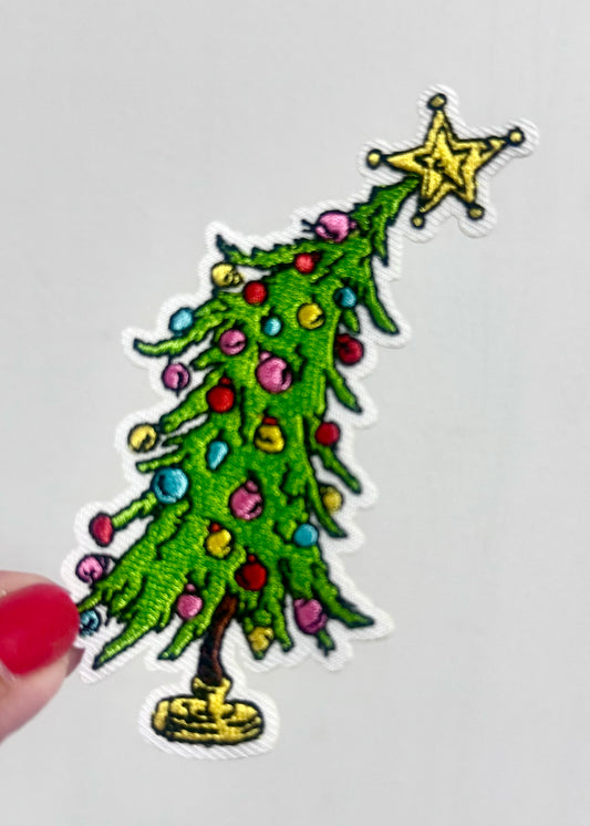 Christmas tree patch,3.5 in Whimsical Leaning Tree, Holiday Patch, Trendy Patch, Trucker Hat Patches, Iron on Patch, DIY, Embroidery Patch