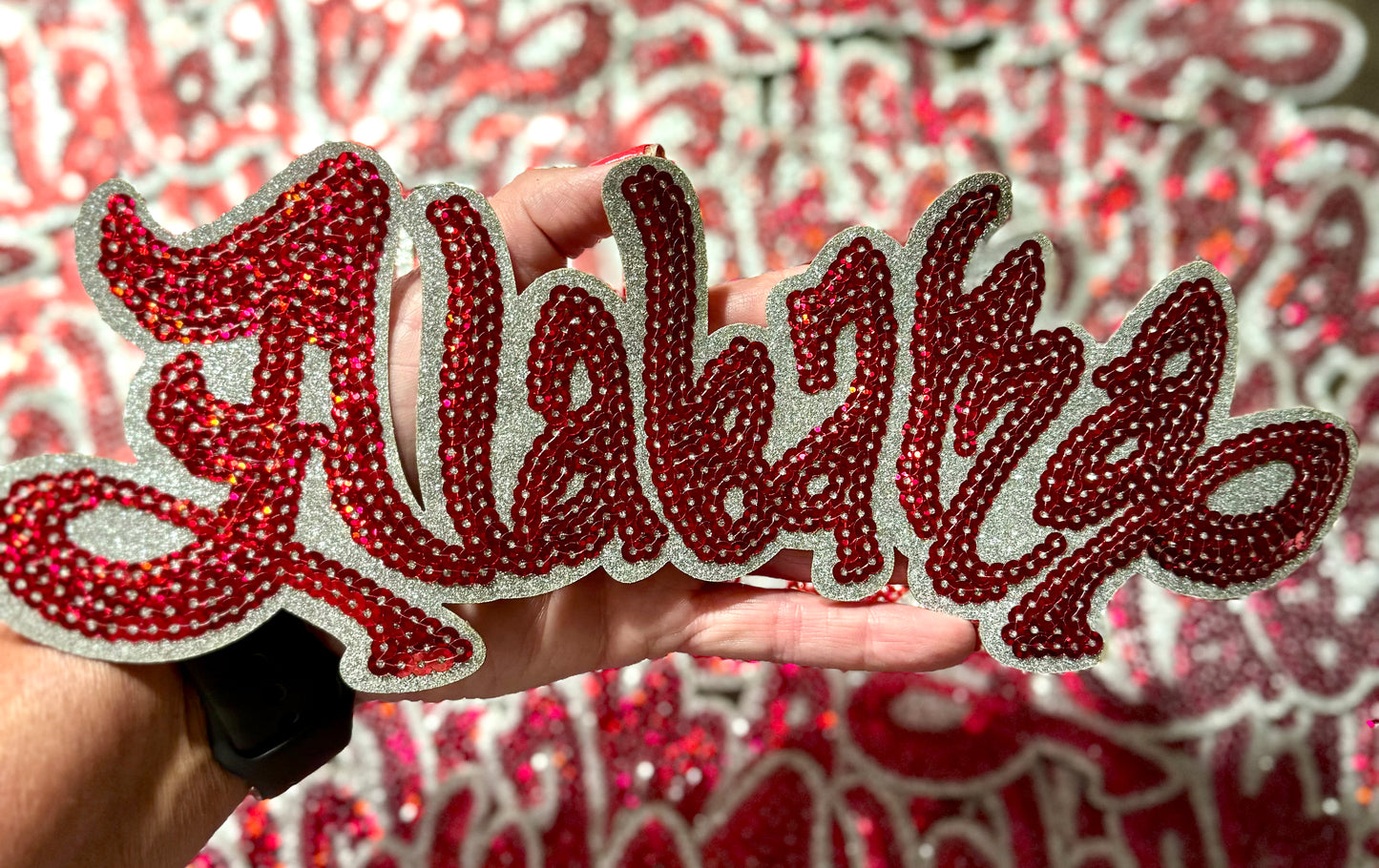Sequin Patch, Crimson Alabama Patch, Silver Glitter Backing, Iron On Patch, Game Day Patch, Mascot Patch, DIY Patch