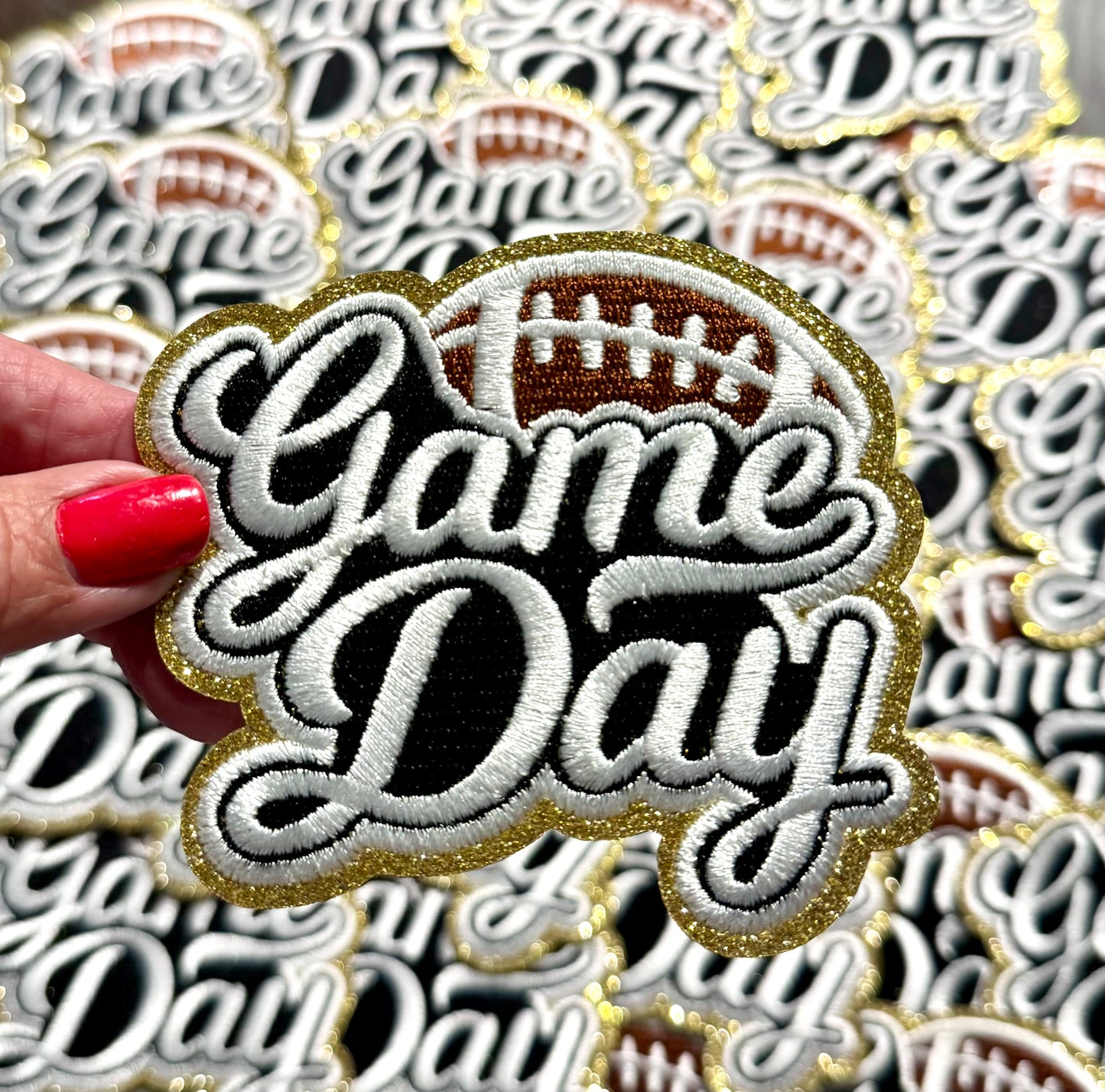 Game Day Patch. Football Patch,Trucker Hat Patch, Glitter Patch, Iron On Patch, Sports Patch, Game Day Patch, Patch for Hat, DIY, White embroidered Patch