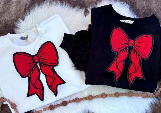 Red Bow Patch, Christmas Patches, Black Glitter Backing, Iron On, DIY, Bow Patch