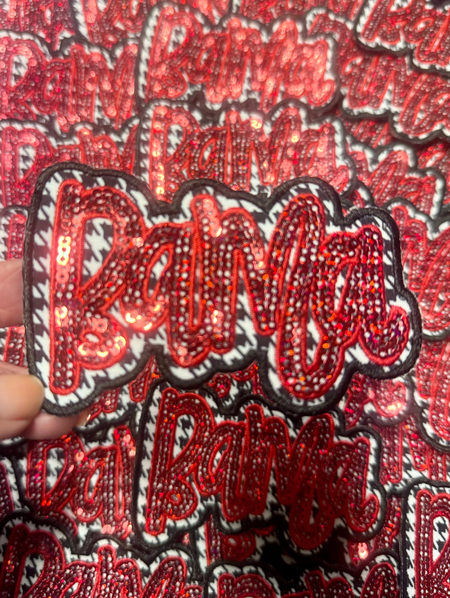 Houndstooth Patch, Cursive Font, Sequin Patch, Game Day Patch, Crimson Sequins, Iron on Patch, DIY Patch, Trucker Hat Patch