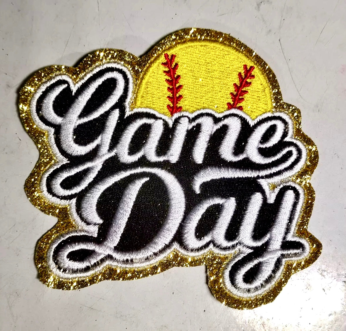 Softball Game Day Patch. Trucker Hat Patch, Glitter Patch, Iron On Patch, Sports Patch, Game Day Patch, Patch for Hat, DIY, White embroidered Patch