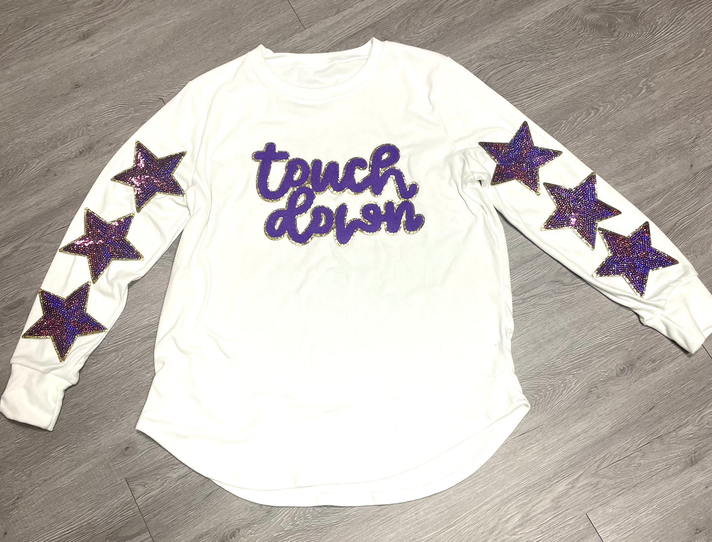 Touch Down Purple Game Day Chenille Patch, Sequin Star Patch, DIY patch, Iron on Patch, Gold glitter backing