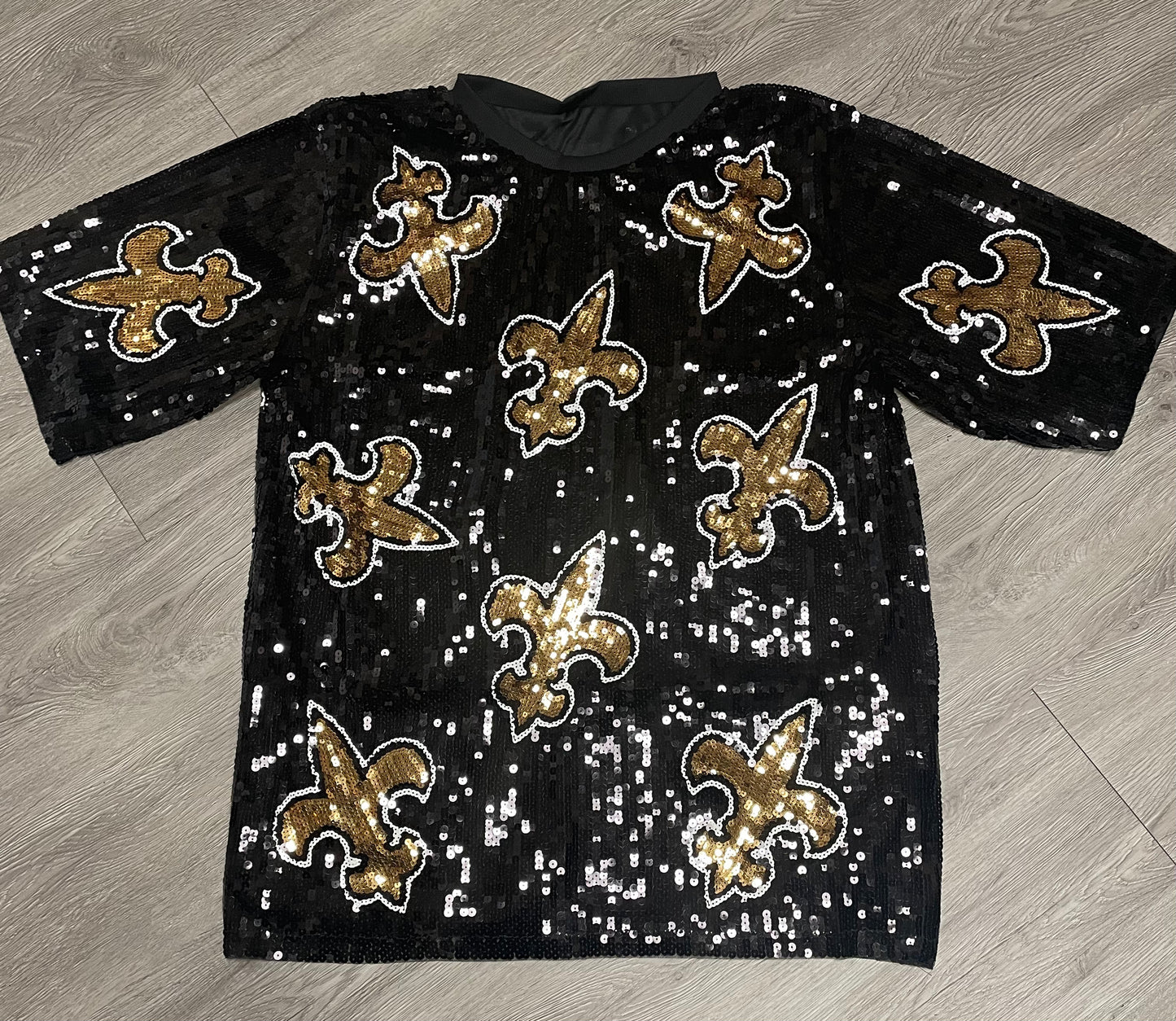 Fleur-De-Lis Sequin Dress, New Orleans Attire, Ladies Black and Gold Sequin Jersey Dress, Women’s Sequin Dress, Bling Dress