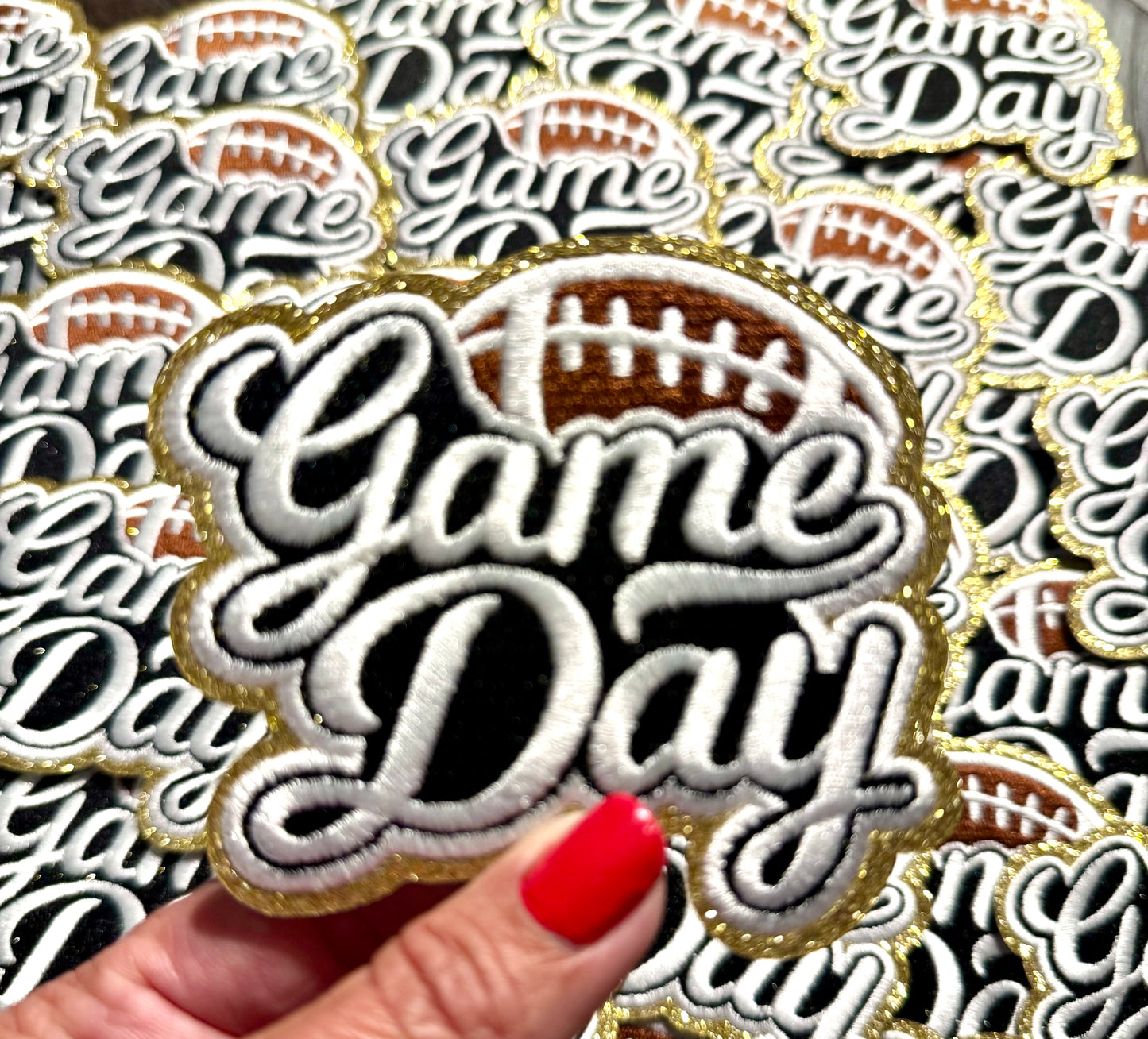 Game Day Patch. Football Patch,Trucker Hat Patch, Glitter Patch, Iron On Patch, Sports Patch, Game Day Patch, Patch for Hat, DIY, White embroidered Patch