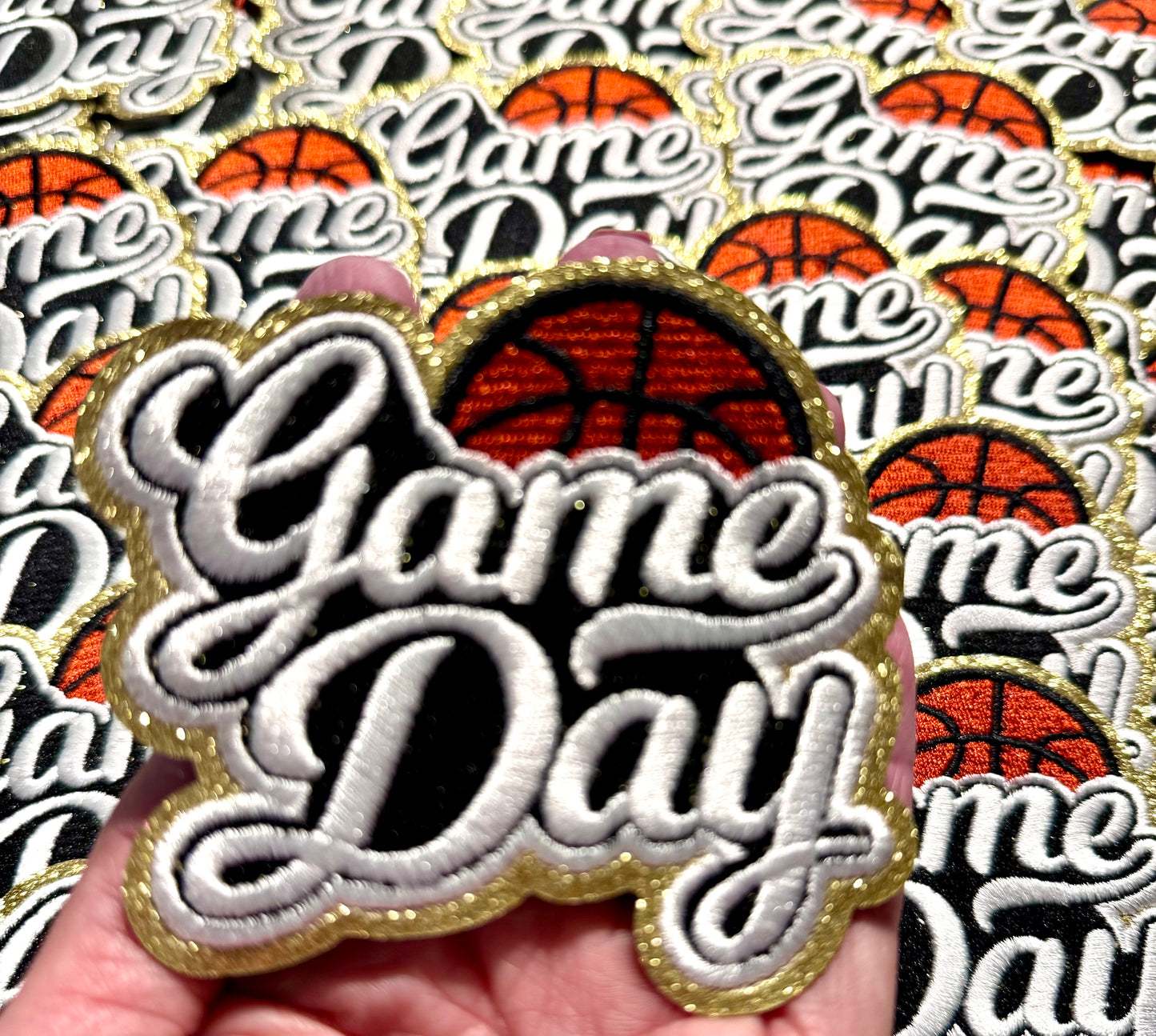 Game Day Patch. Basketball Patch, Trucker Hat Patch, Glitter Patch, Iron On Patch, Sports Patch, Game Day Patch, Patch for Hat, DIY, White embroidered Patch