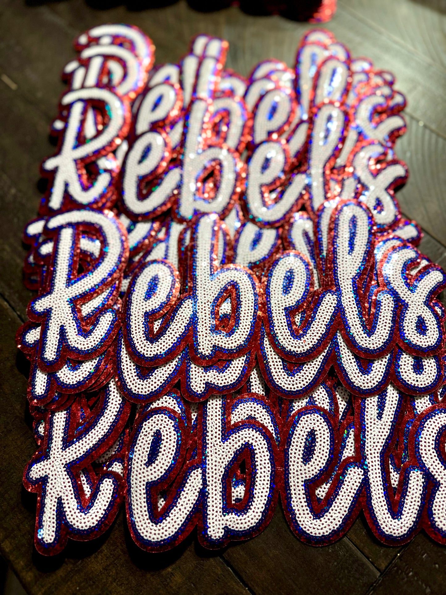 Rebels Patch, Sequin Patch, Football Patch, Red, white and blue Rebels Game Day Sequin Patch, Sequin Star Patch, DIY, Iron on Patch, Gold glitter backing