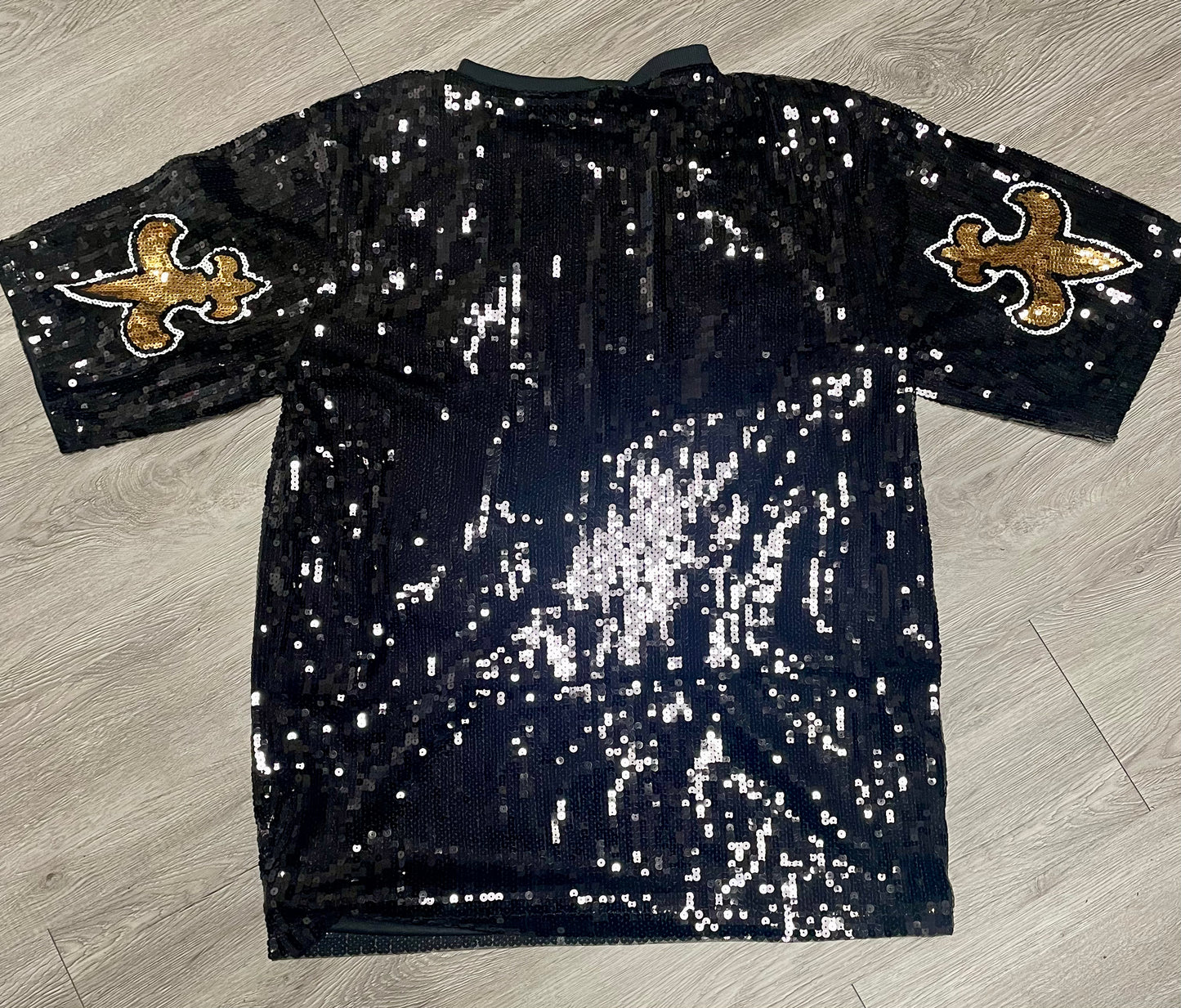 Fleur-De-Lis Sequin Dress, New Orleans Attire, Ladies Black and Gold Sequin Jersey Dress, Women’s Sequin Dress, Bling Dress