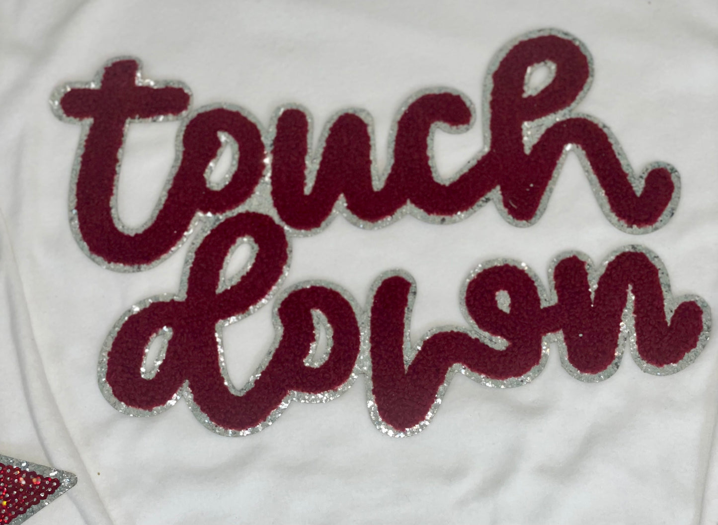 Touch Down Crimson/Maroon Game Day Chenille Patch, Sequin Star Patch, DIY patch, iron on patch, Silver glitter backing