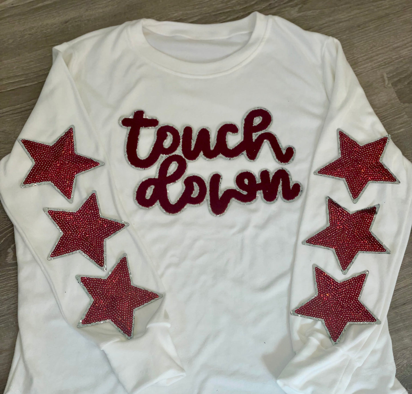 Touch Down Crimson/Maroon Game Day Chenille Patch, Sequin Star Patch, DIY patch, iron on patch, Silver glitter backing
