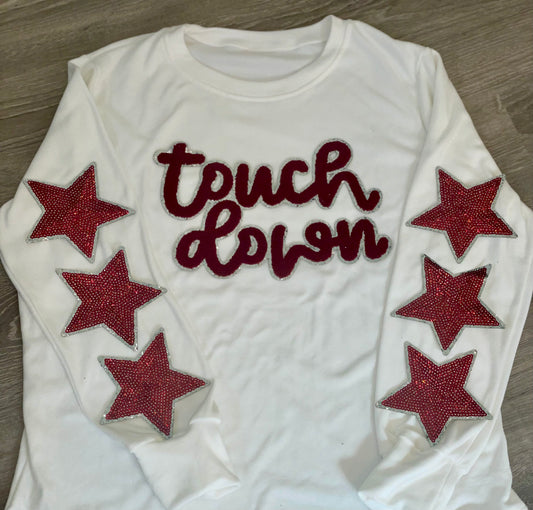 Touch Down Crimson/Maroon Game Day Chenille Patch, Sequin Star Patch, DIY patch, iron on patch, Silver glitter backing