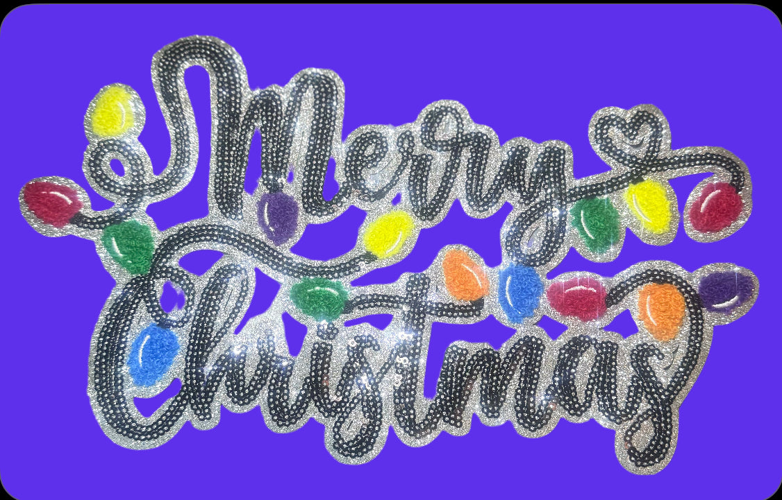 Sequin Merry Christmas Patch, Chenille Christmas Lights patch, Iron on Patch, Glitter Patch, DIY Patch, Christmas Patch
