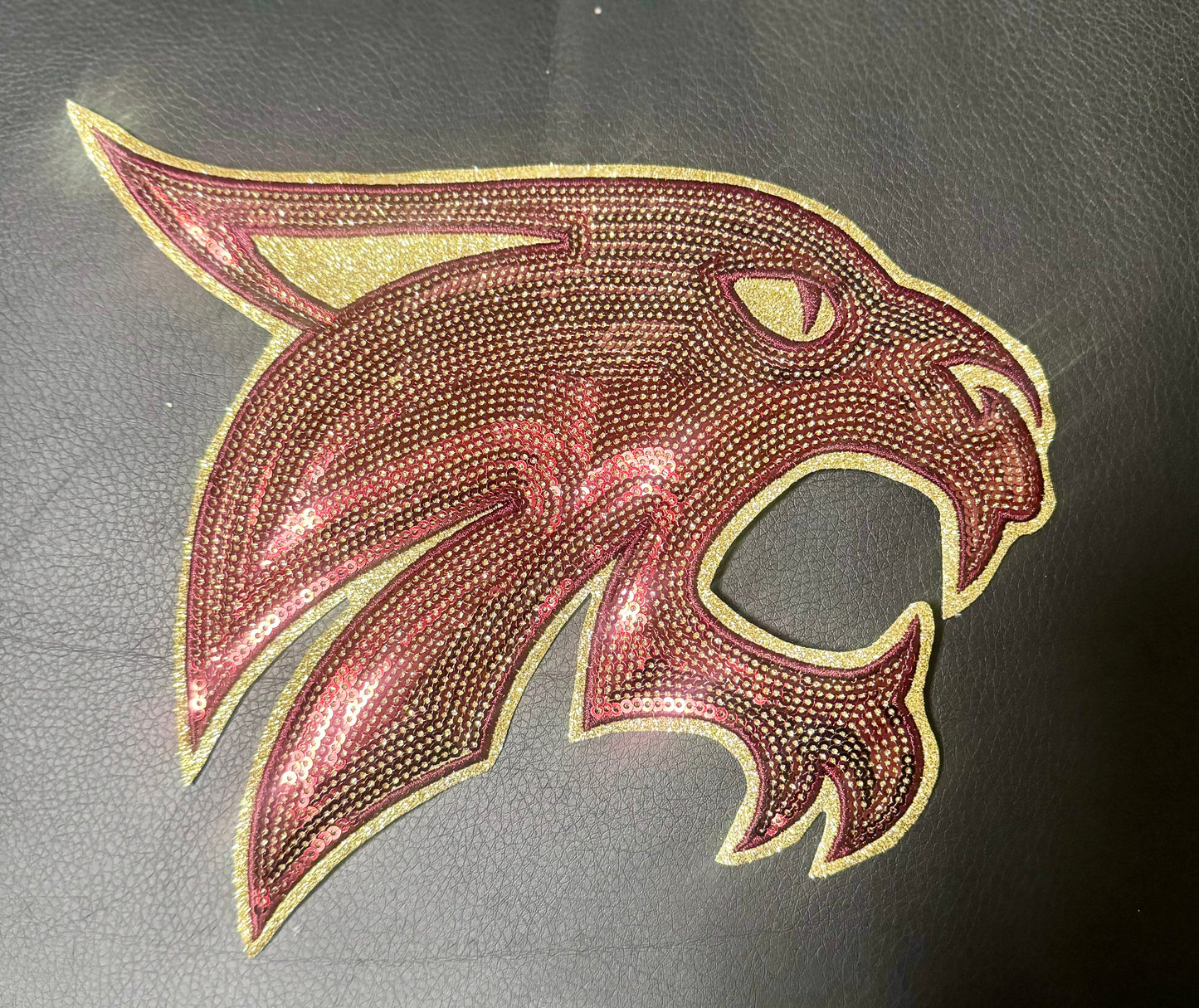Sequin Bobcats Patch, Maroon sequins with gold glitter backing mascot patch, Iron on Patch, Game Day Patch, DIY Patch