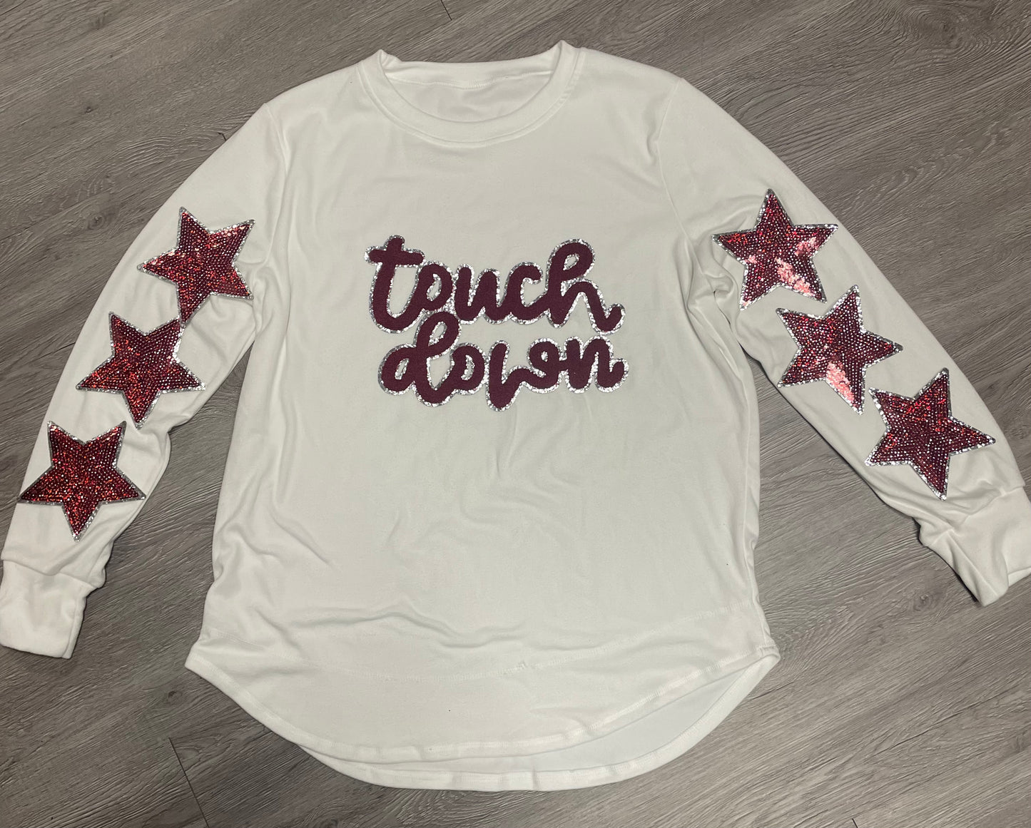 Touch Down Crimson/Maroon Game Day Chenille Patch, Sequin Star Patch, DIY patch, iron on patch, Silver glitter backing