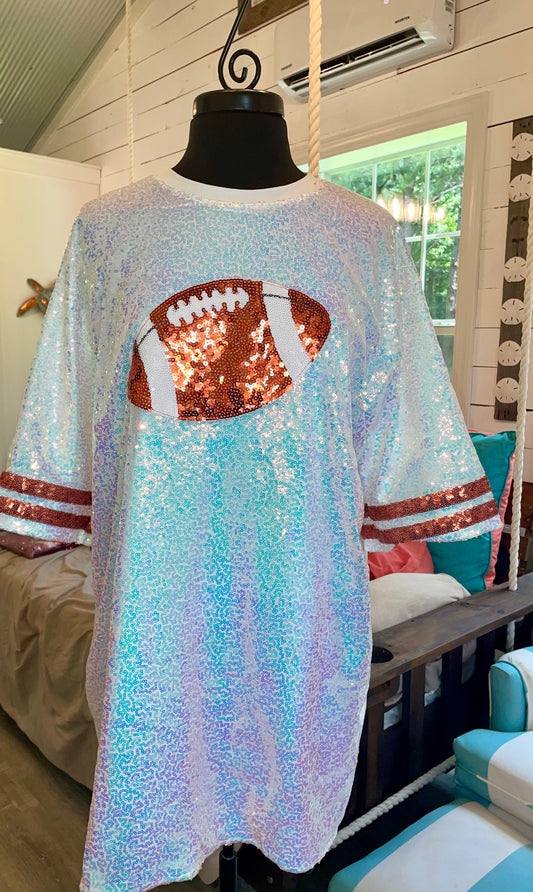 Sequin Dress, Sequin Jersey Dress, Iridescent White Football Sequin Jersey Dress, Game Day,