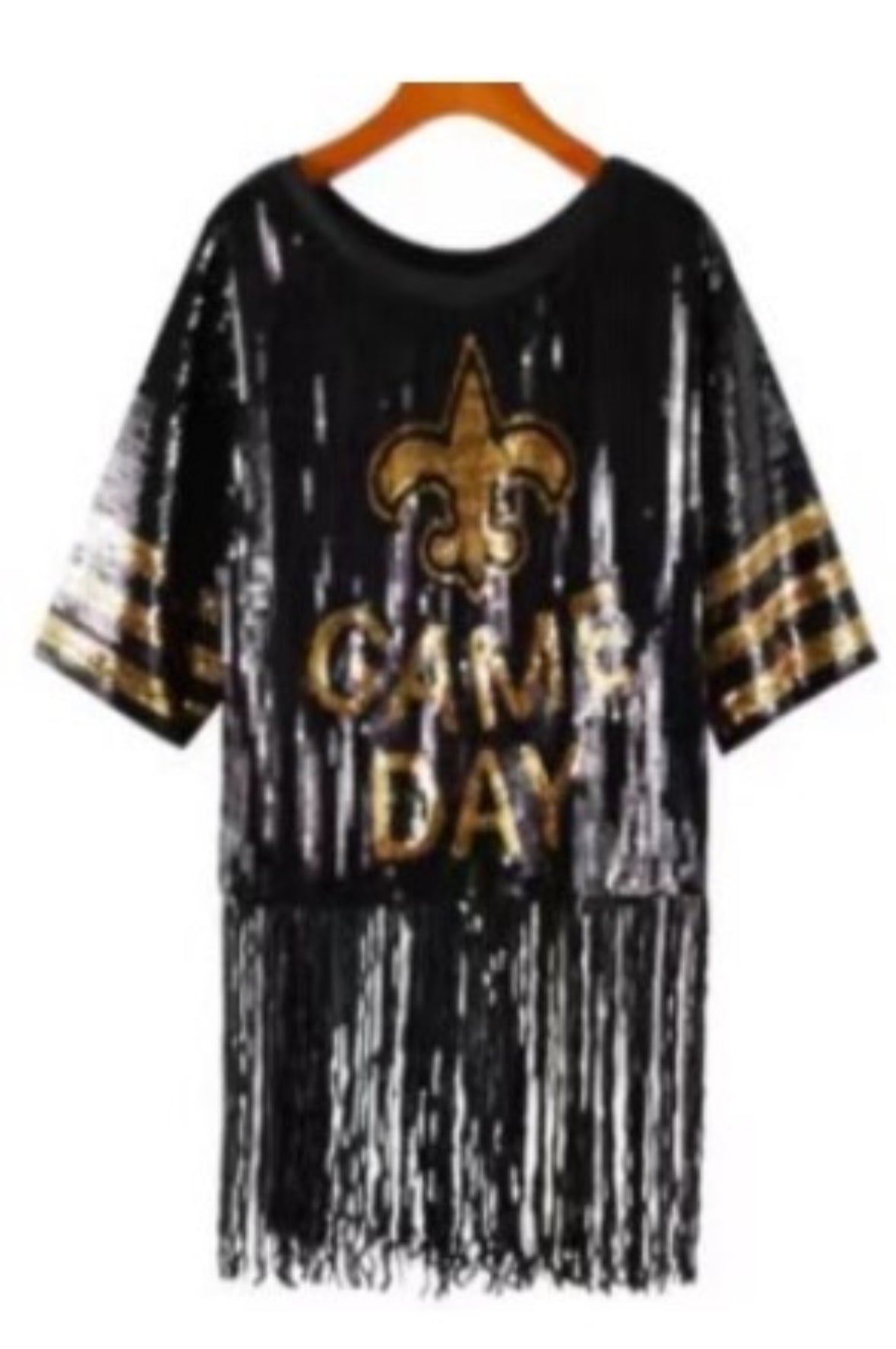 Saints Sequin Top, Fleur De Lis Sequin Fringe Jersey Top, Black and Gold Football Sequin Jersey Top, Game Day, Football Sequin Fringe Top, Game Day Top