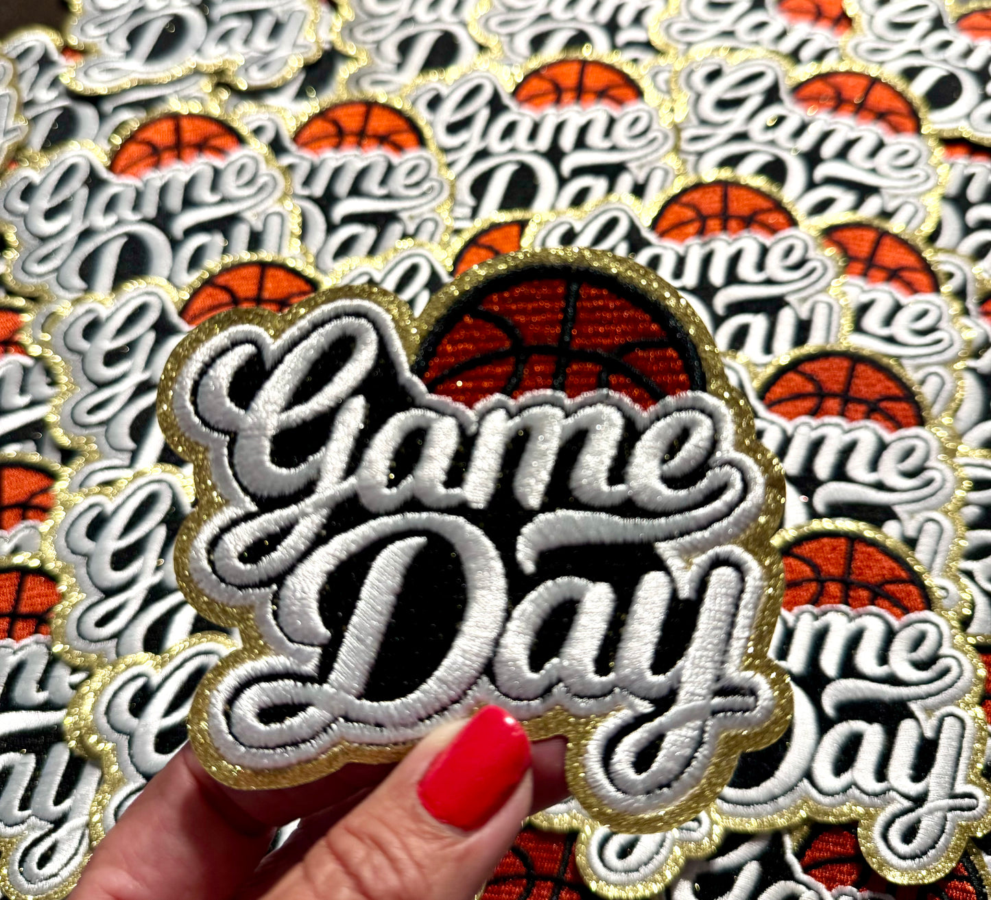 Game Day Patch. Basketball Patch, Trucker Hat Patch, Glitter Patch, Iron On Patch, Sports Patch, Game Day Patch, Patch for Hat, DIY, White embroidered Patch