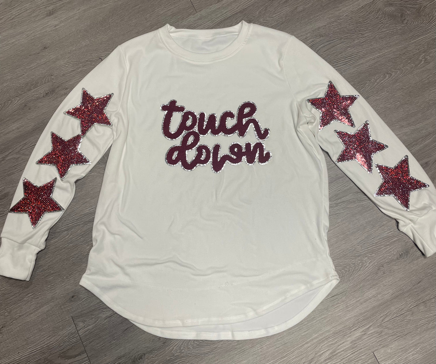 Touch Down Crimson/Maroon Game Day Chenille Patch, Sequin Star Patch, DIY patch, iron on patch, Silver glitter backing