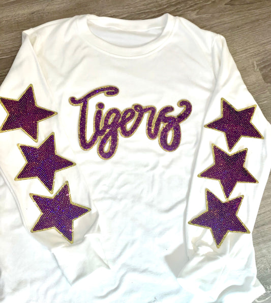 Tigers Purple Game Day Sequin Patch, Sequin Star Patch, DIY patch, Iron on Patch, Gold glitter backing