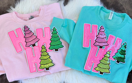Ho Ho Ho Sequin Christmas Trees, Pink Patch, Christmas Patch, Iron on Patch, Sequin Patch, Pink Christmas Patch